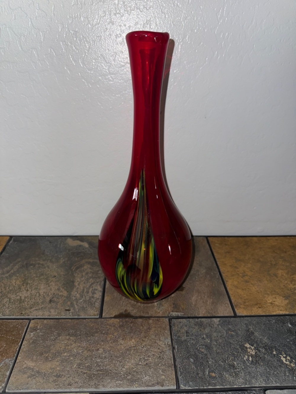 Pier 1 14.5 Red Handblown Glass Bud Vase with Multicolor Teardrop Accent